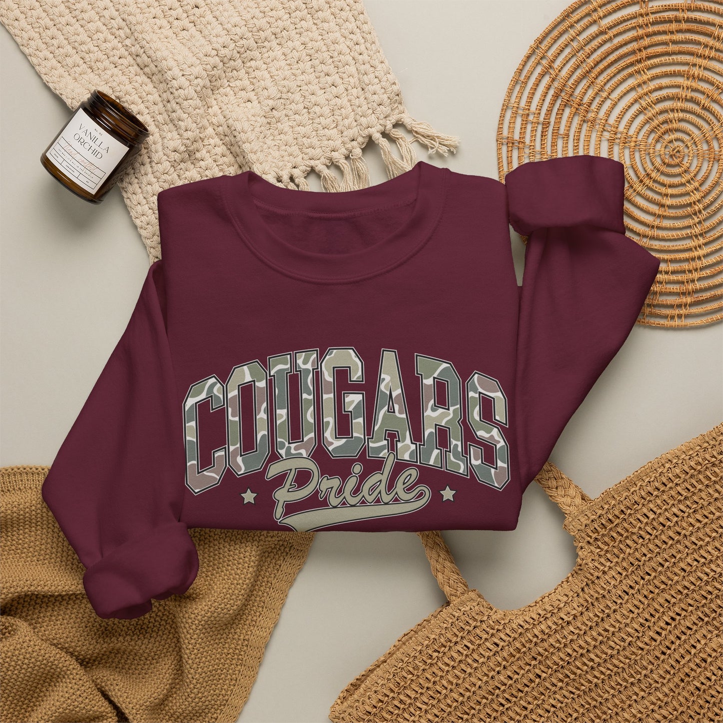 GILDAN - Cougars Pride Crewneck Sweatshirt — Vintage Camo School Spirit Pullover