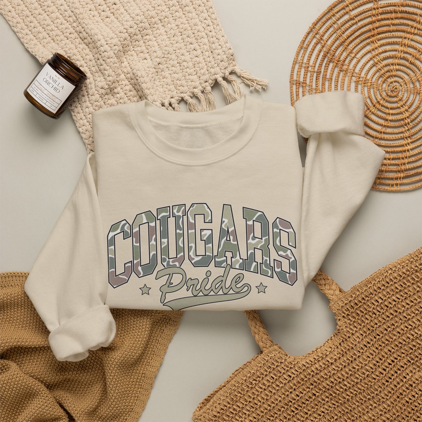 GILDAN - Cougars Pride Crewneck Sweatshirt — Vintage Camo School Spirit Pullover