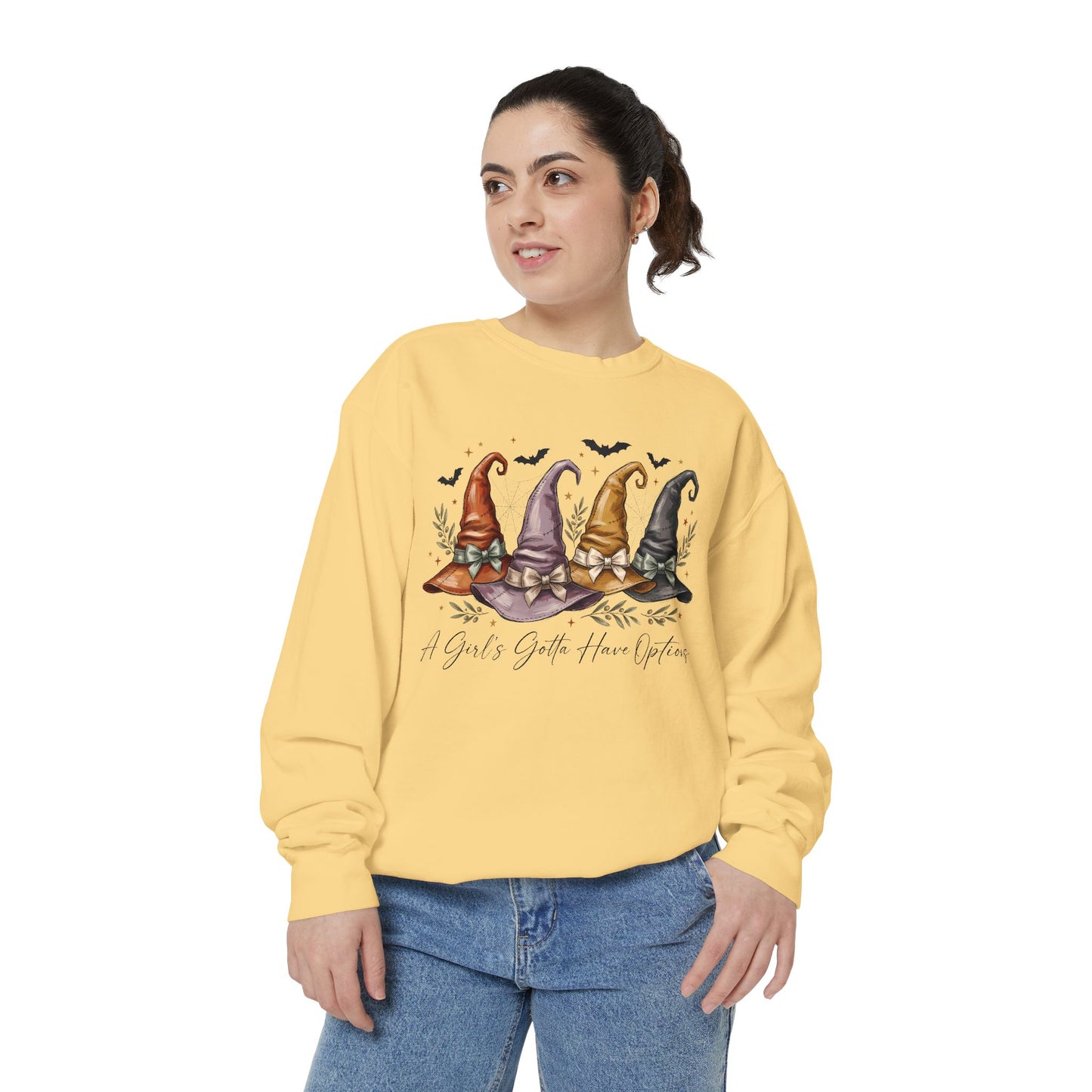 COMFORT COLORS - Gnome Trio Cozy Sweatshirt — "A Girl's Gotta Have Options" Fall Graphic