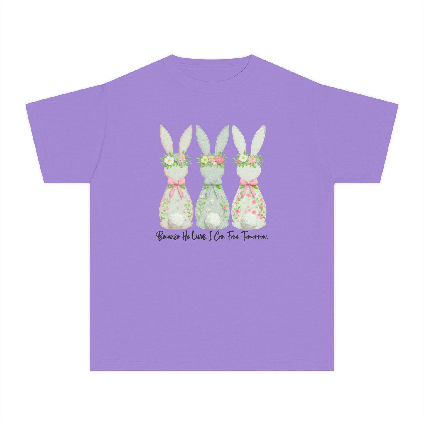 COMFORT COLORS - Easter Floral Bunny Youth Tee — 'Because He Lives'