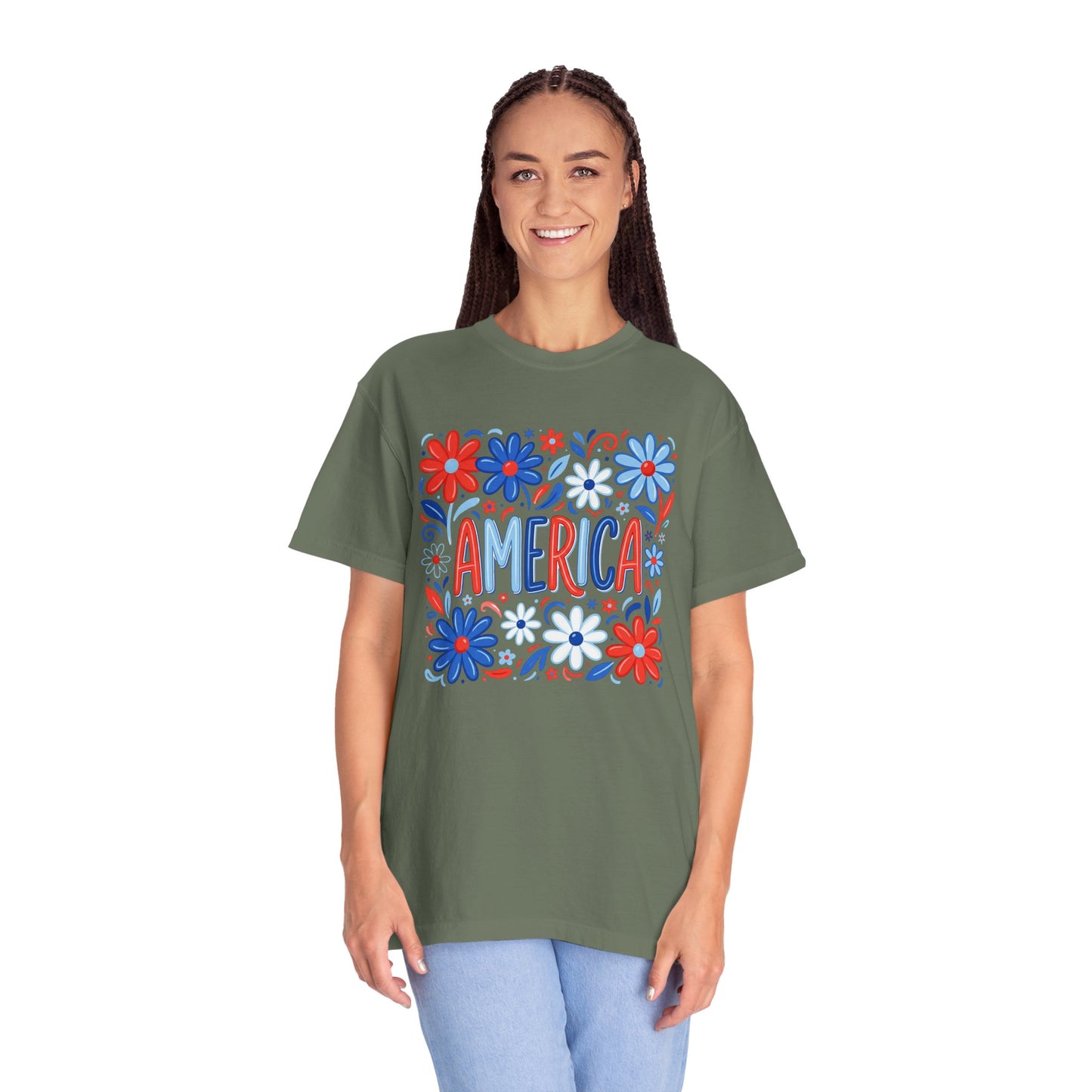 COMFORT COLORS - America Floral T-Shirt — Red, White & Blue Patriotic Tee