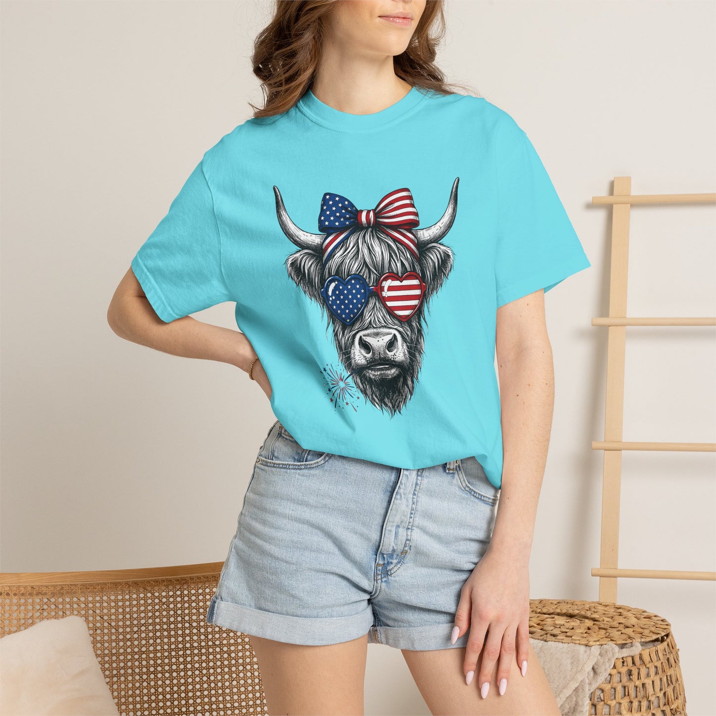 COMFORT COLORS - Patriotic Highland Cow T-Shirt — American Flag Heart Sunglasses