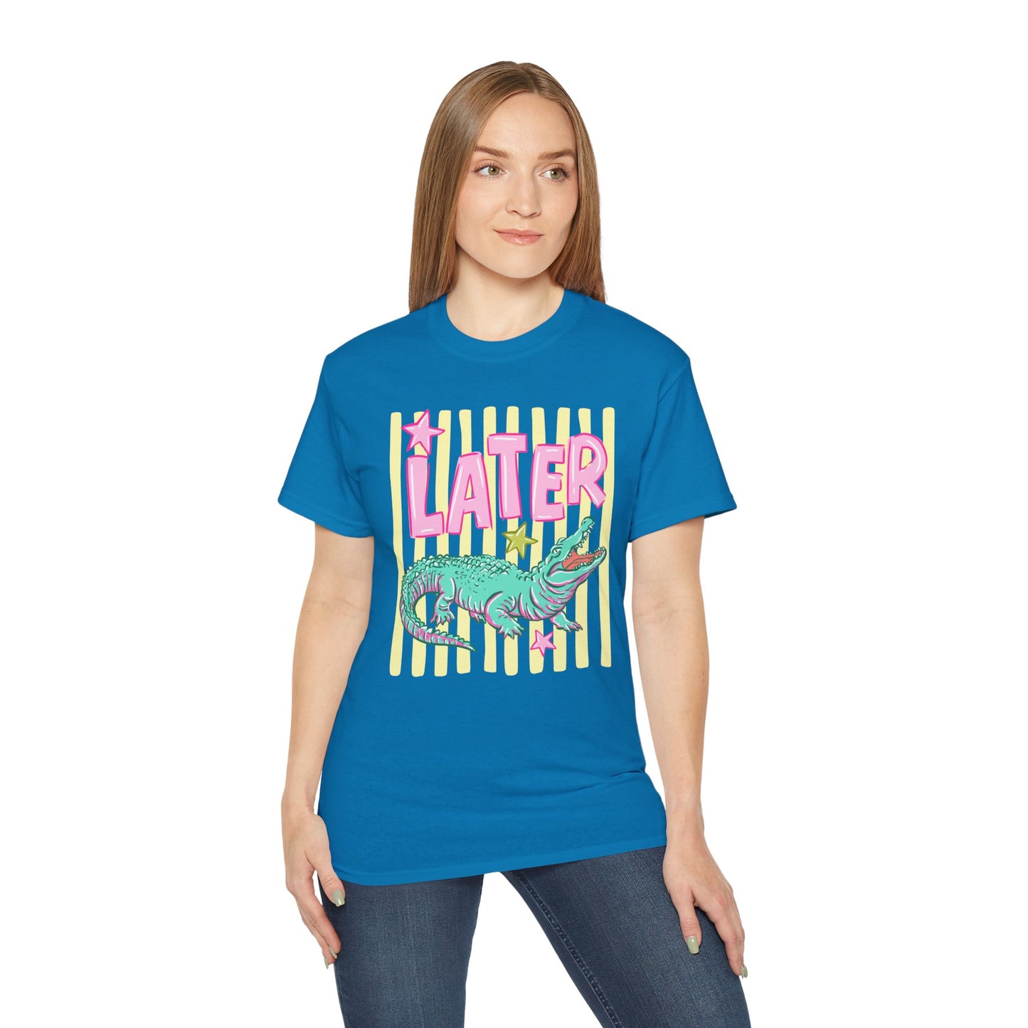 Later Alligator T‑Shirt — Retro Pink & Teal Gator Graphic Tee