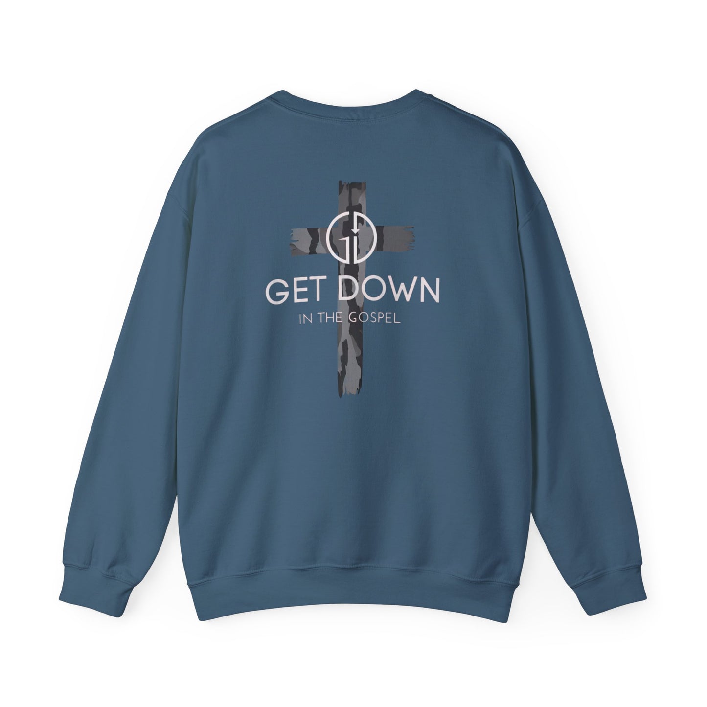 GILDAN - GET DOWN IN THE GOSPEL ADULT SWEATSHIRT GRAY CAMO CROSS