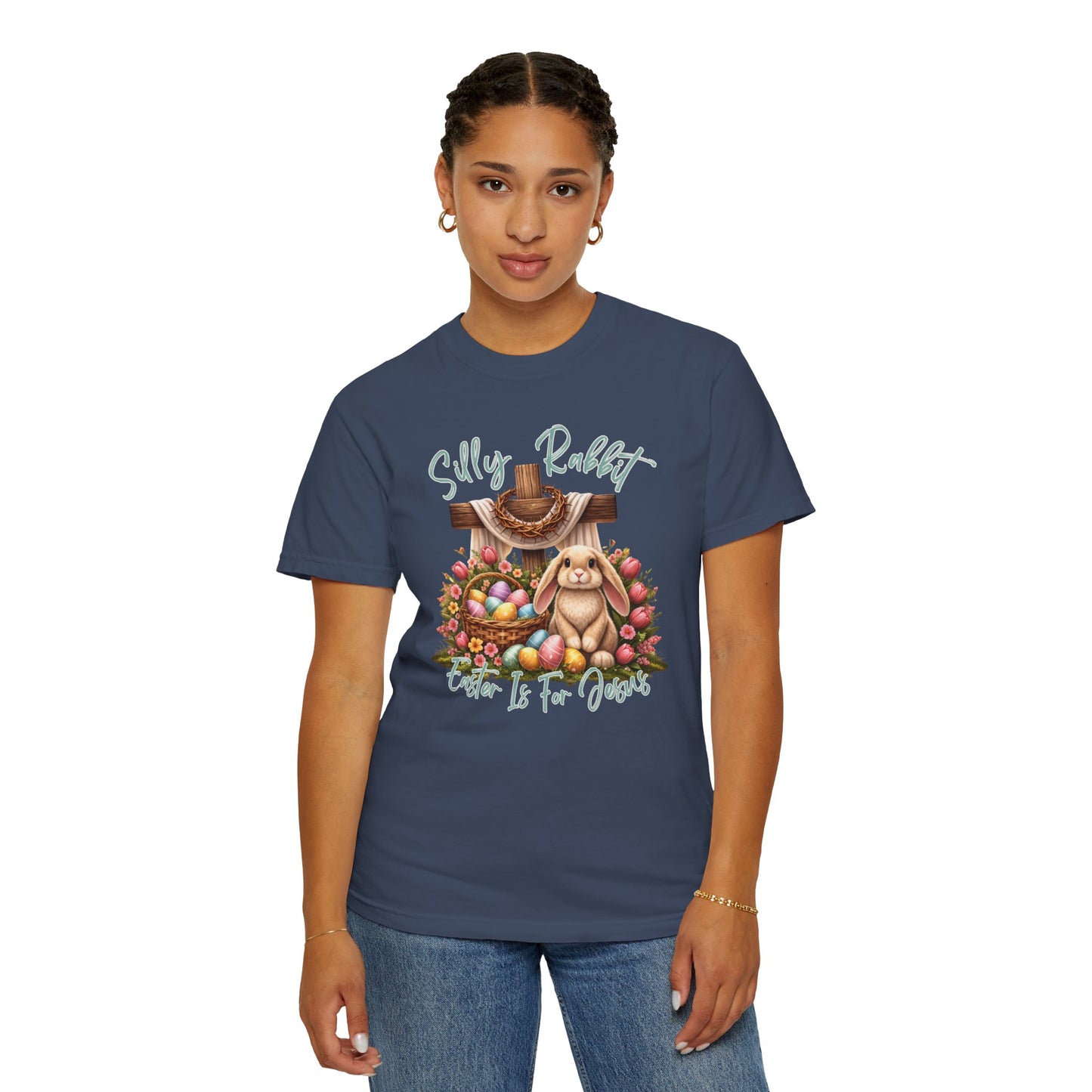 COMFORT COLORS -  Silly Rabbit Easter Bunny T-shirt | Pastel Eggs, Basket, Cross Back Print