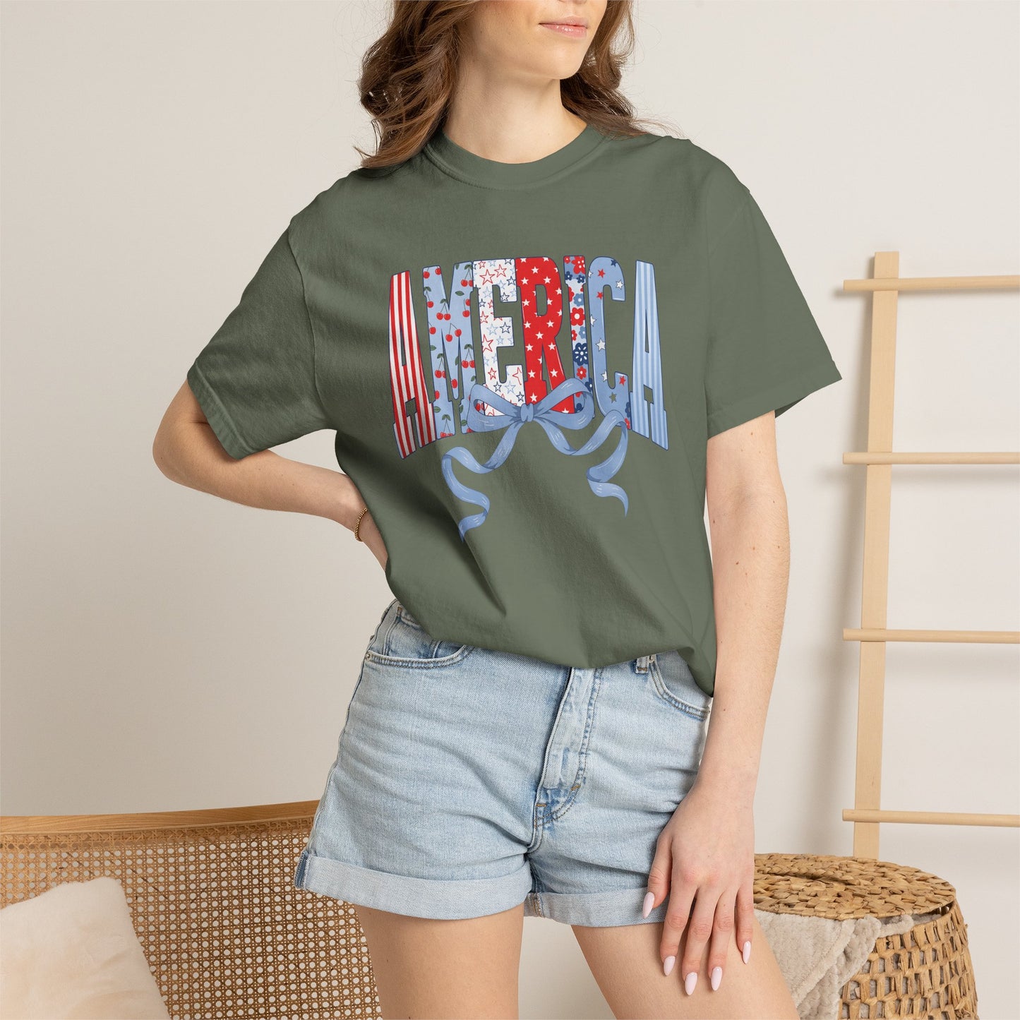 COMFORT COLORS  - America Graphic T-Shirt – Patriotic Red White Blue Tee with Ribbon