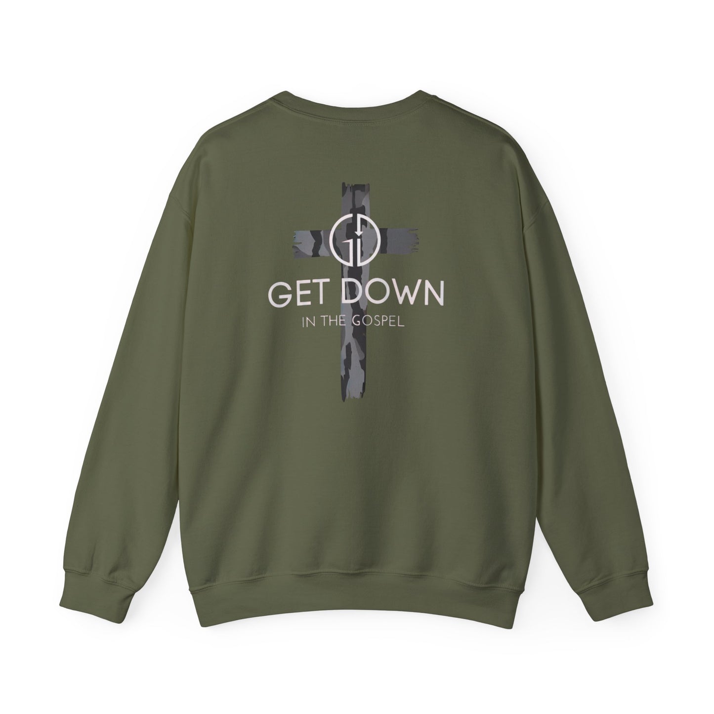 GET DOWN IN THE GOSPEL ADULT SWEATSHIRT GRAY CAMO CROSS