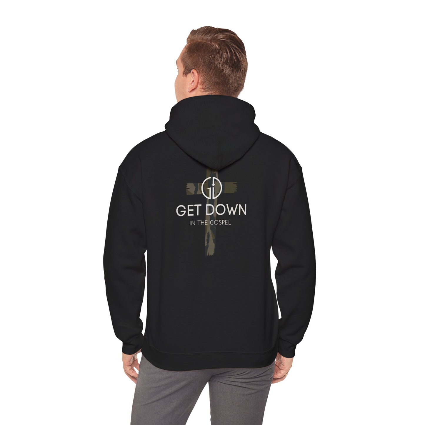 GET DOWN IN THE GOSPEL ADULT HOODIE GREEN CAMO CROSS