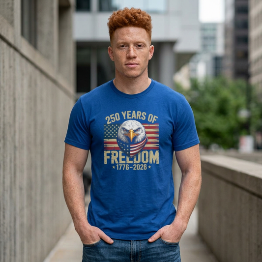 GILDAN - 250 Years of Freedom T-Shirt — 1776–2026 American Flag Eagle Patriotic Tee