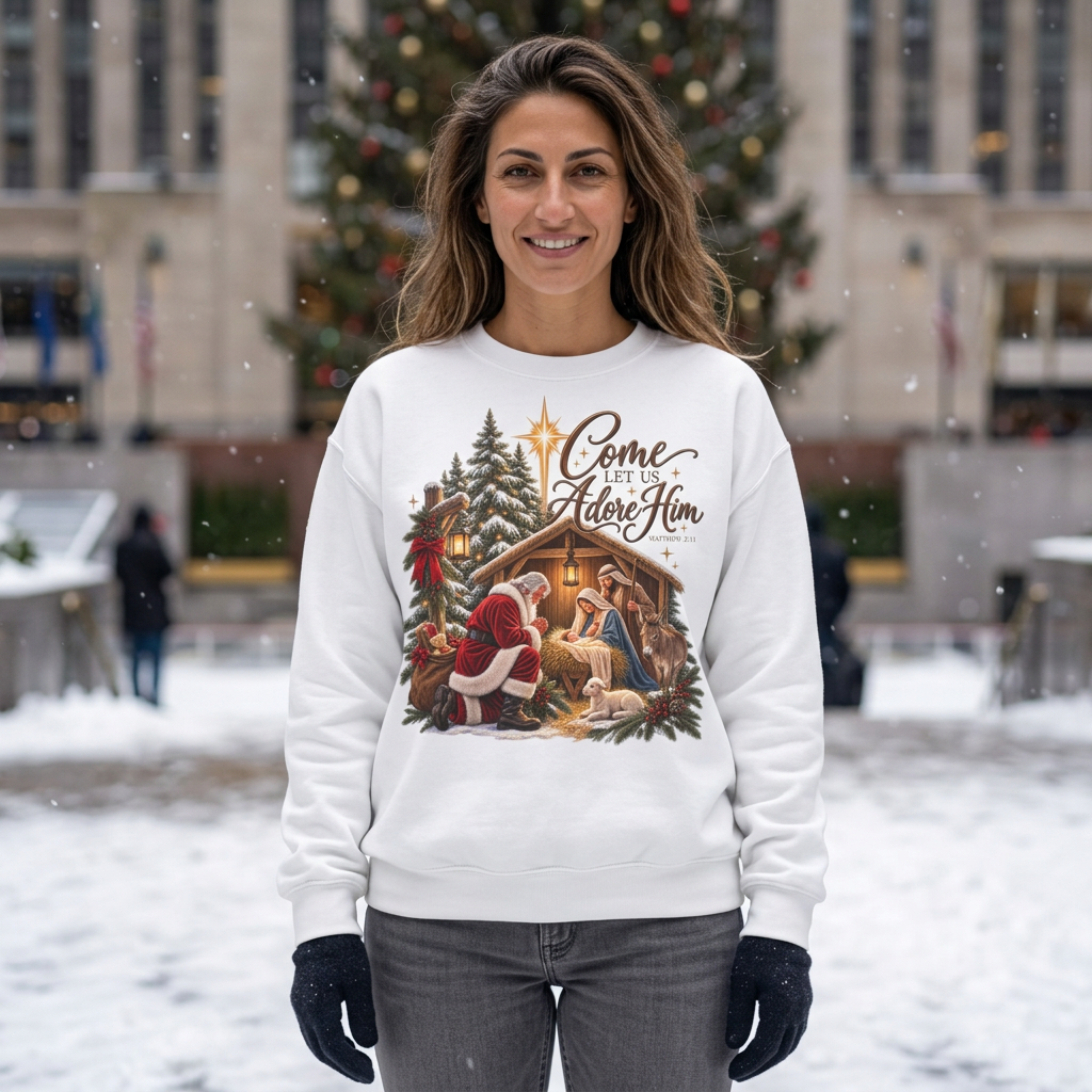 GILDAN - Crewneck Sweatshirt - 'Come Let Us Adore Him' Nativity Christmas Sweatshirt
