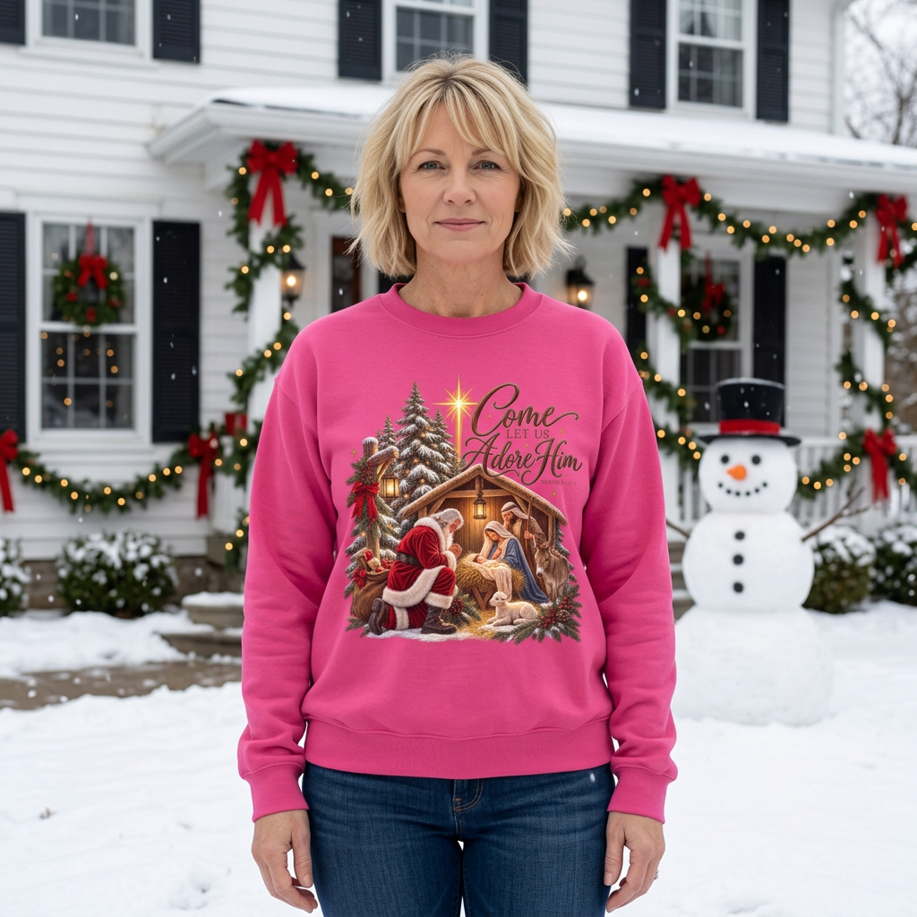 GILDAN - Crewneck Sweatshirt - 'Come Let Us Adore Him' Nativity Christmas Sweatshirt
