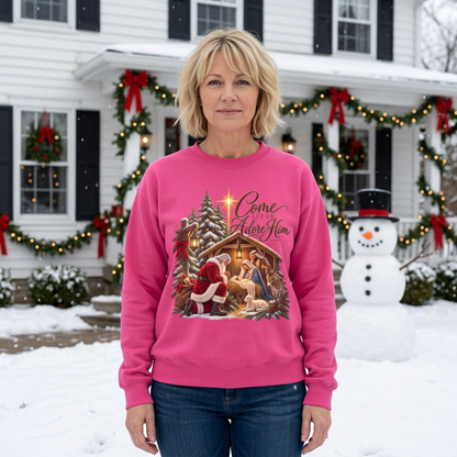 GILDAN - Crewneck Sweatshirt - 'Come Let Us Adore Him' Nativity Christmas Sweatshirt