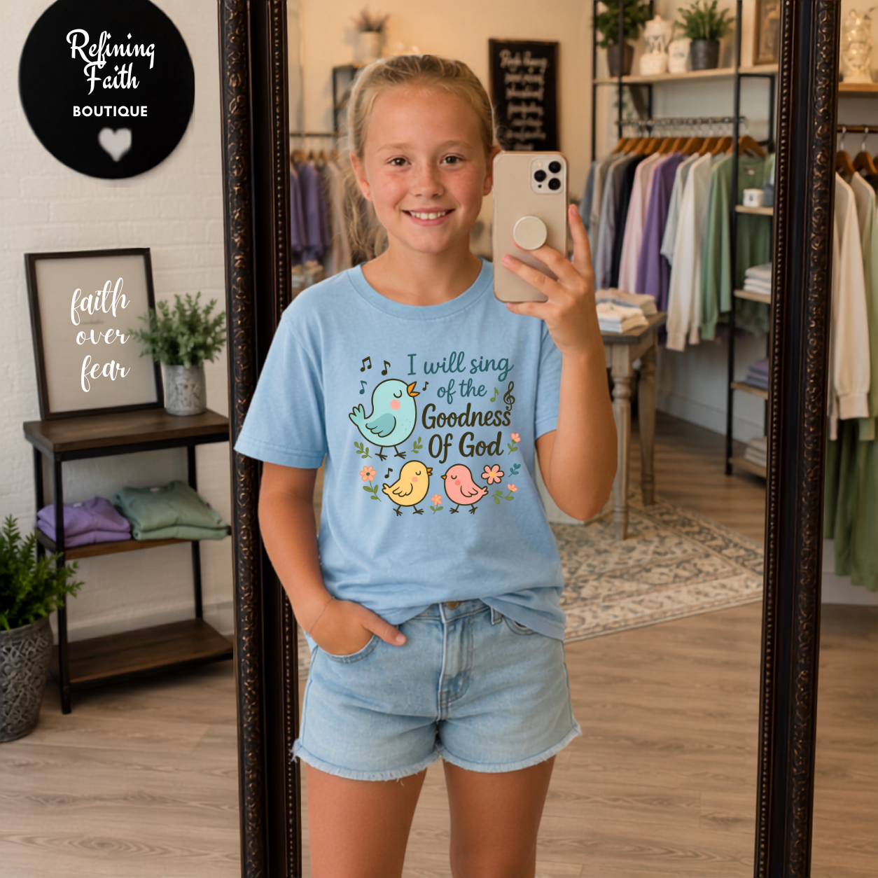COMFORT COLORS - Youth Tee — "I Will Sing of the Goodness of God" Cute Bird Christian Kids Shirt