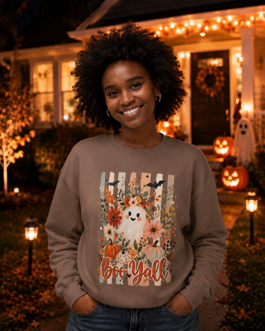 COMFORT COLORS - Boo Y'all Halloween Sweatshirt — Cute Ghost & Pumpkin Fall Crewneck