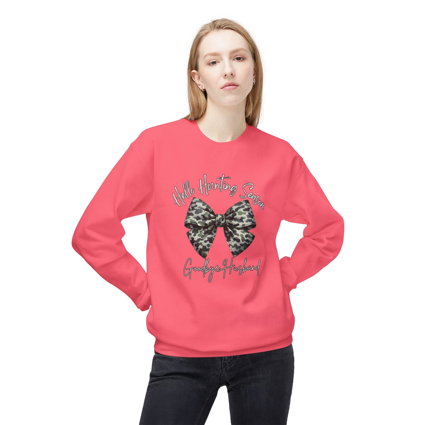GILDAN - Crewneck Sweatshirt - 'Hate Hunting Season, Goodbye Husband' Camo Bow Graphic