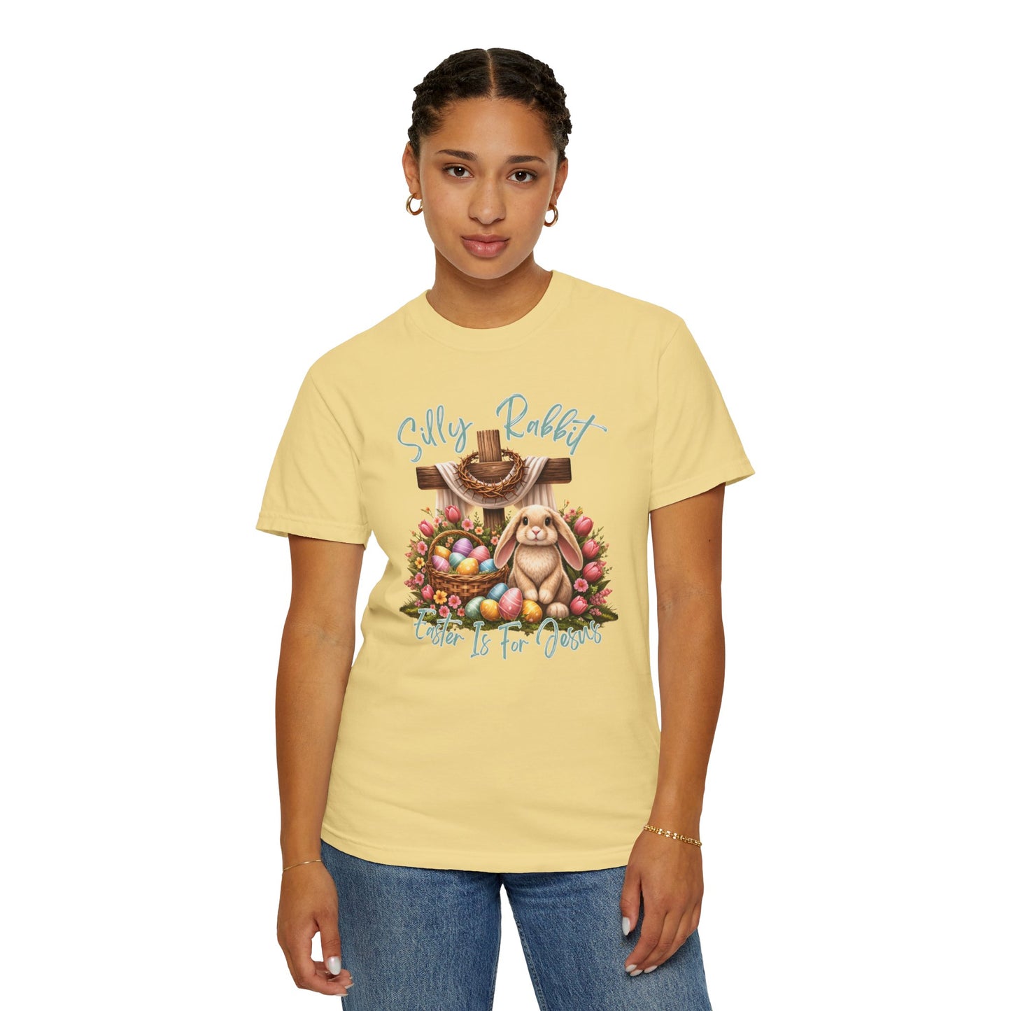 COMFORT COLORS -  Silly Rabbit Easter Bunny T-shirt | Pastel Eggs, Basket, Cross Back Print