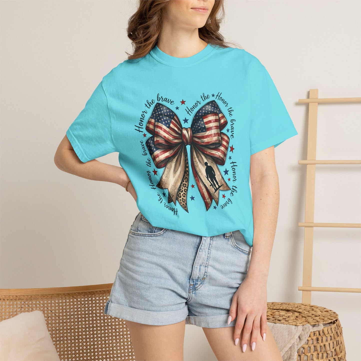COMFORT COLORS - Patriotic American Flag Bow T-Shirt — "Home of the Brave" Fourth of July Tee