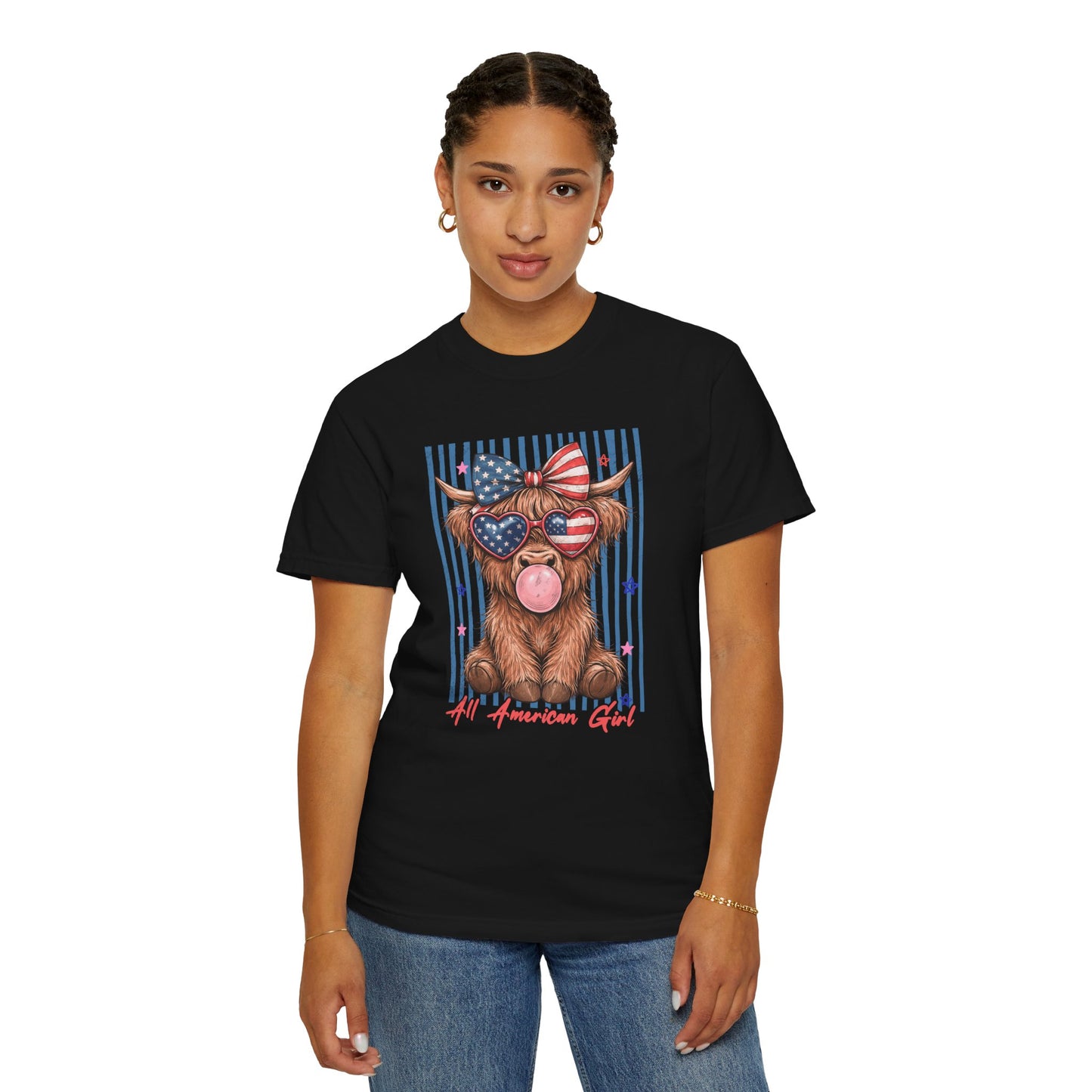 COMFORT COLORS - All American Girl T-Shirt — Patriotic Cow Pup Graphic Tee