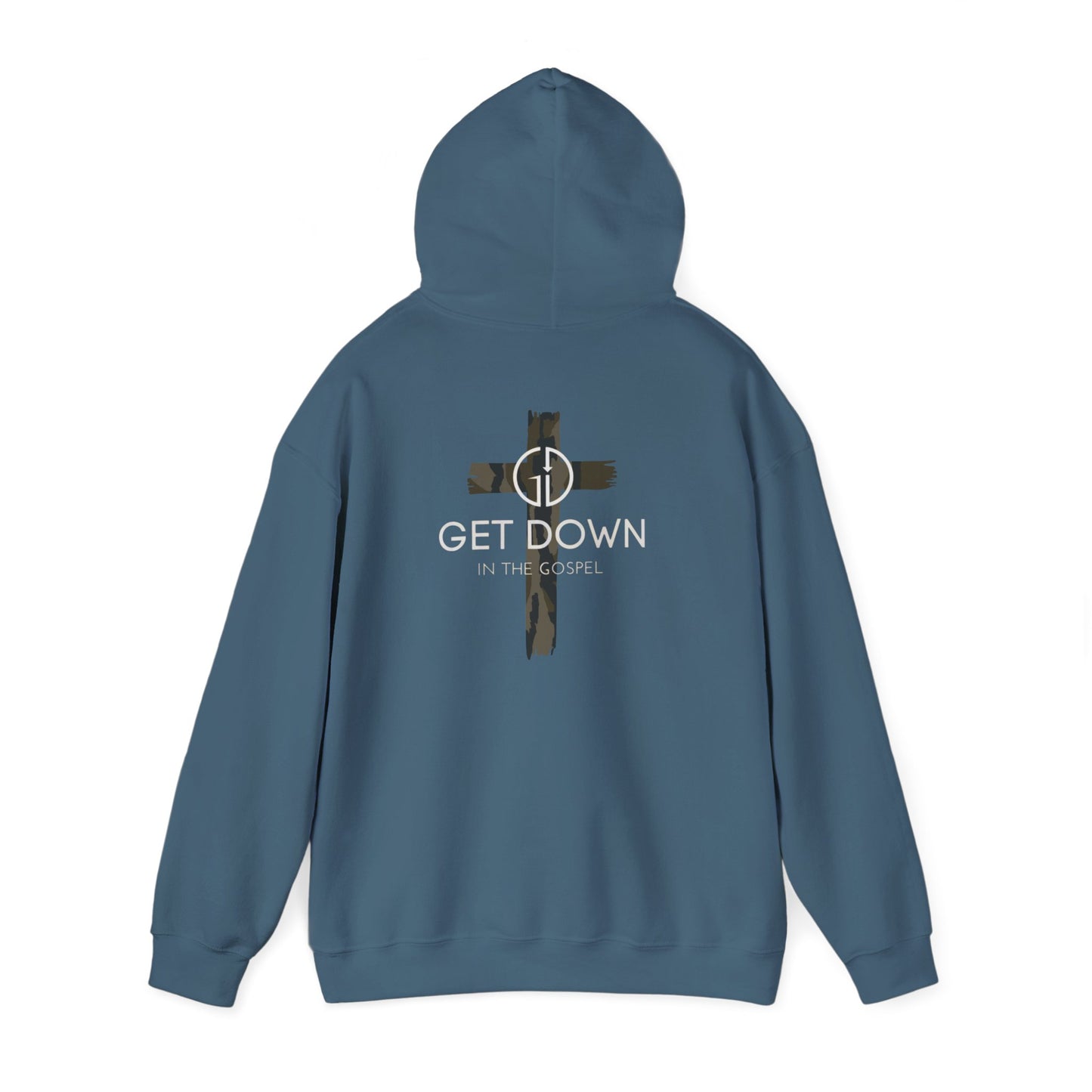 GET DOWN IN THE GOSPEL ADULT HOODIE GREEN CAMO CROSS