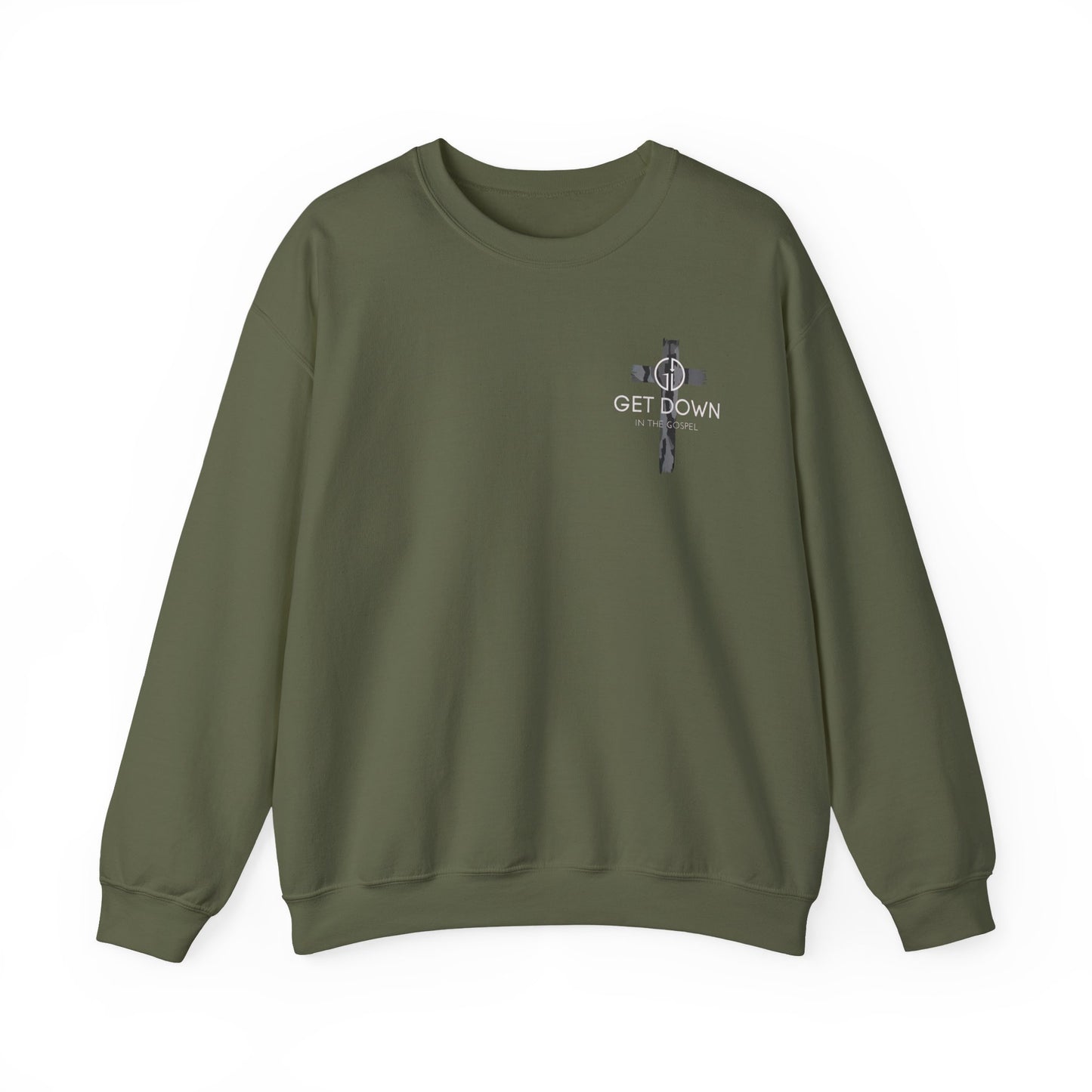 GILDAN - GET DOWN IN THE GOSPEL ADULT SWEATSHIRT GRAY CAMO CROSS