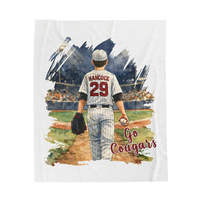 ***DO NOT ORDER THIS BLANKET - CONTACT ME @REFININGFAITHCOMPANY@GMAIL.COM TO PERSONALIZE THIS ***  Baseball Player Velveteen Plush Blanket – 'Go Cougars' Team Throw