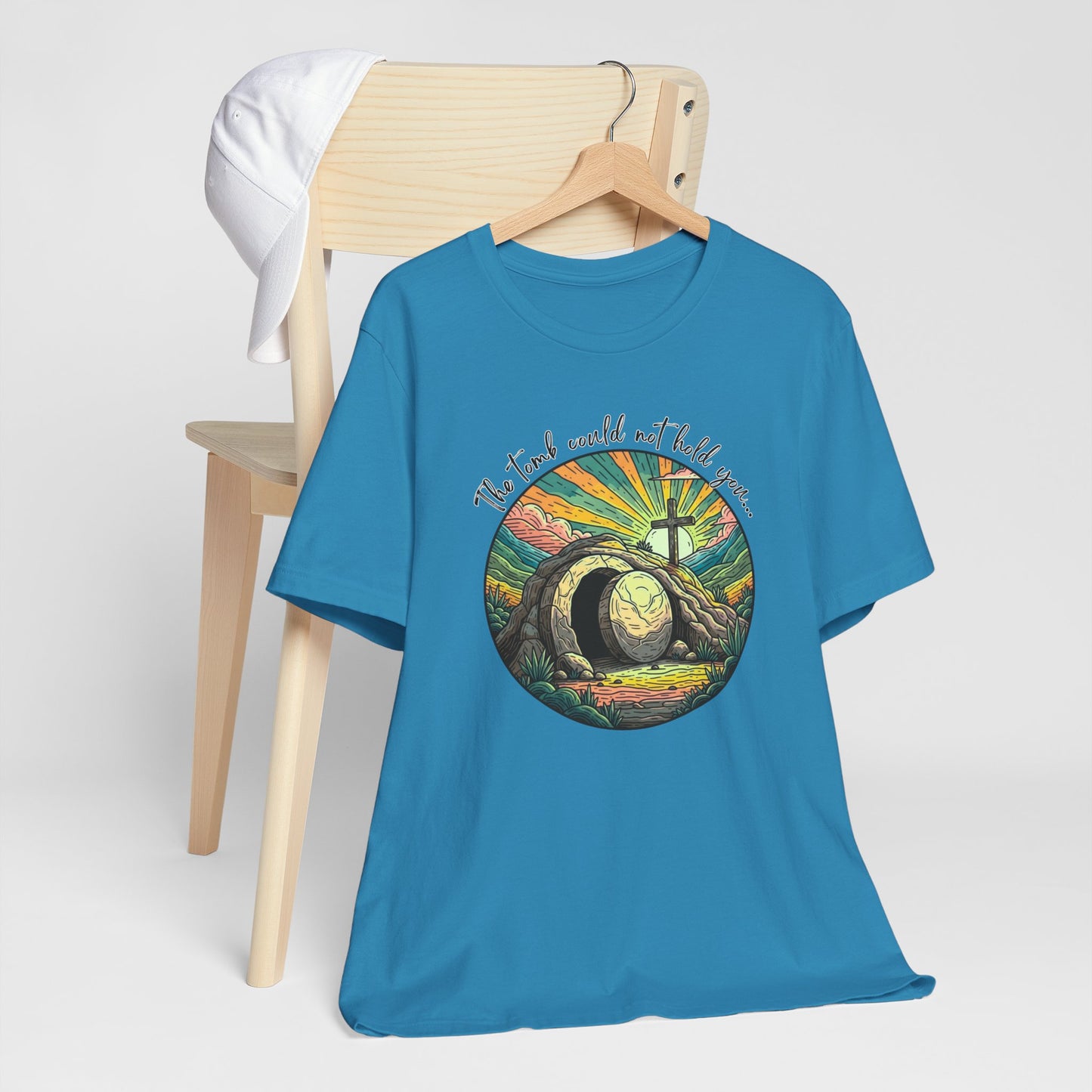 BELLA CANVAS - Easter Sunrise T-Shirt — He Is Risen Tomb & Cross Christian Tee