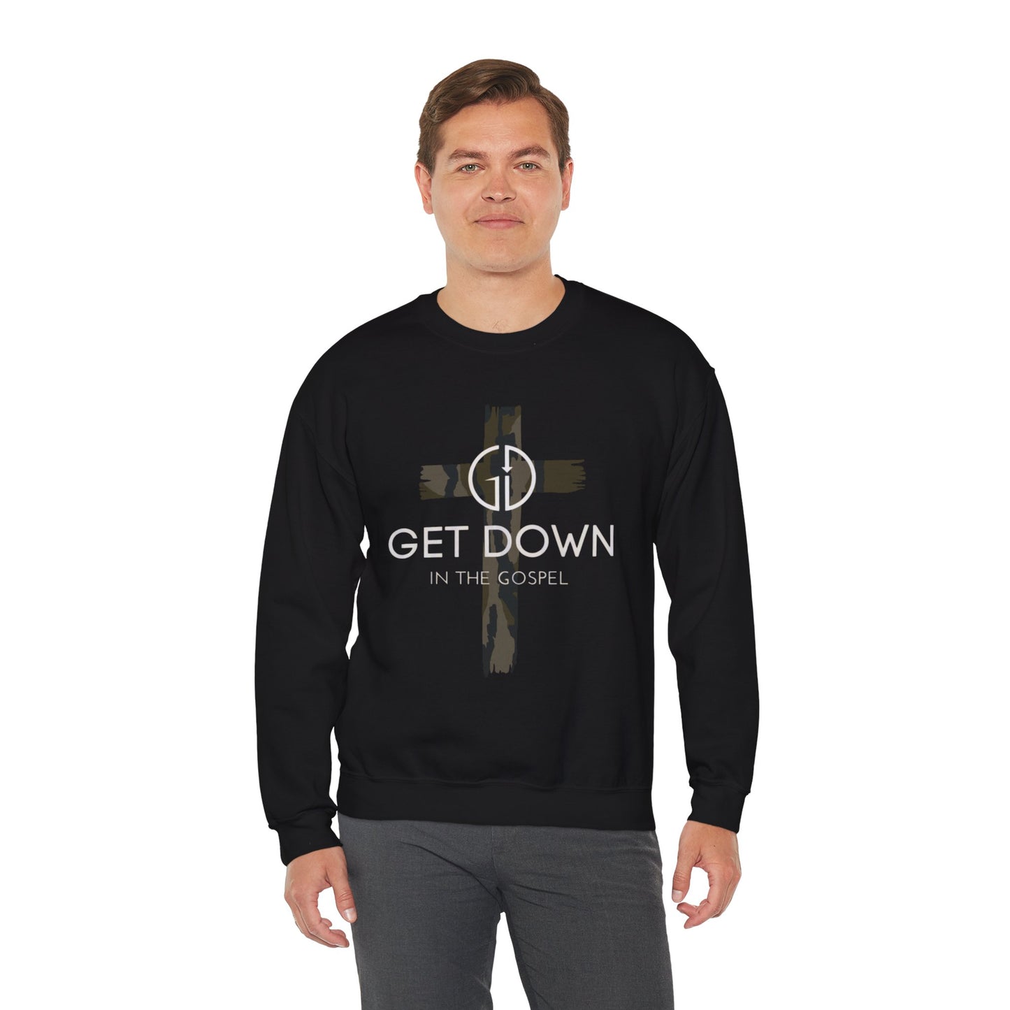 GILDAN - GET DOWN GOSPEL ADULT SWEATSHIRT GREEN CAMO CROSS