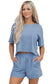Sky Blue Solid Color Contrast Textured Patchwork Raw Edge 2pcs Short Set