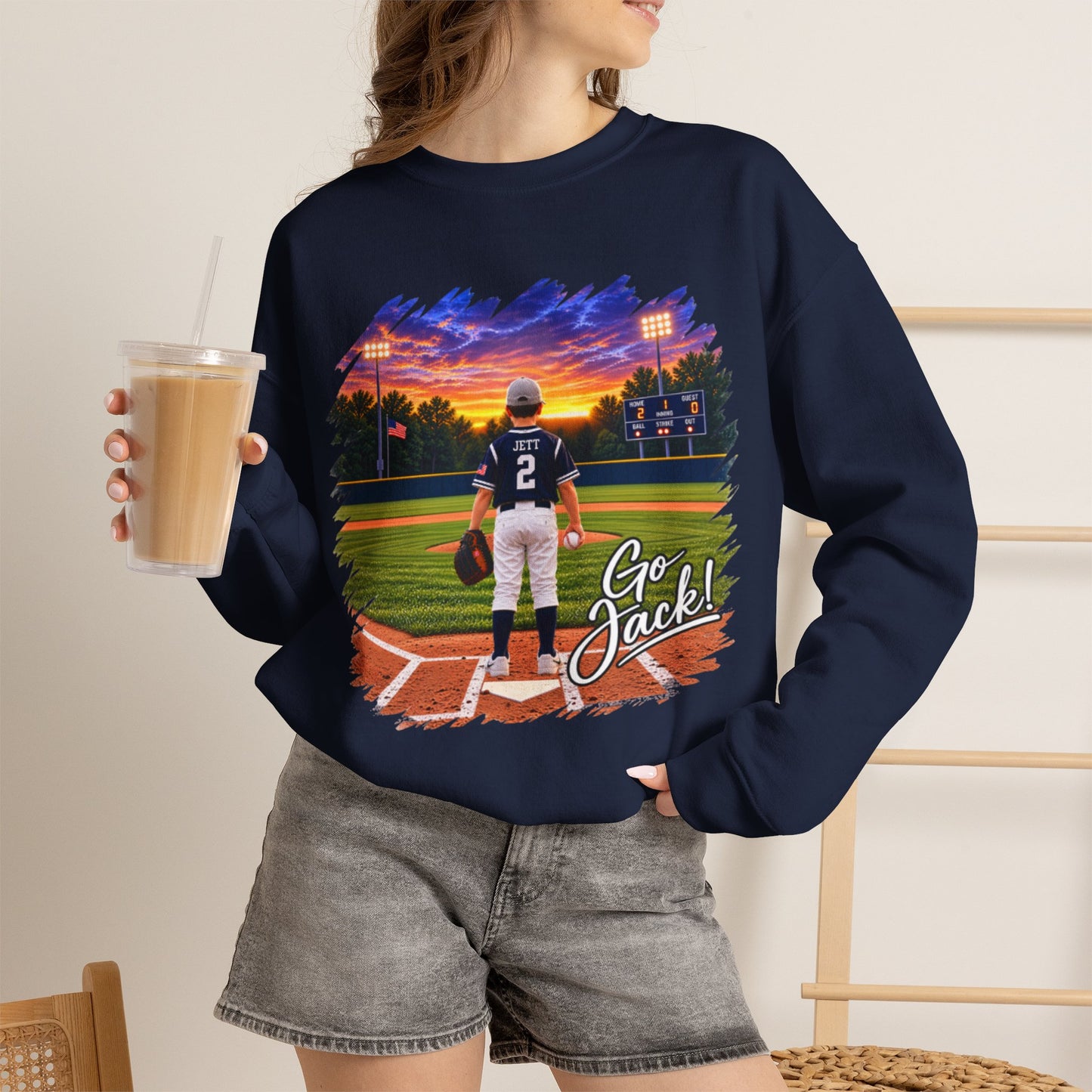 *** SPECIAL REQUEST - MORGAN JETT - GILDAN - Baseball Player Sunset Crewneck Sweatshirt — "Go Jack!" Team Spirit Crew
