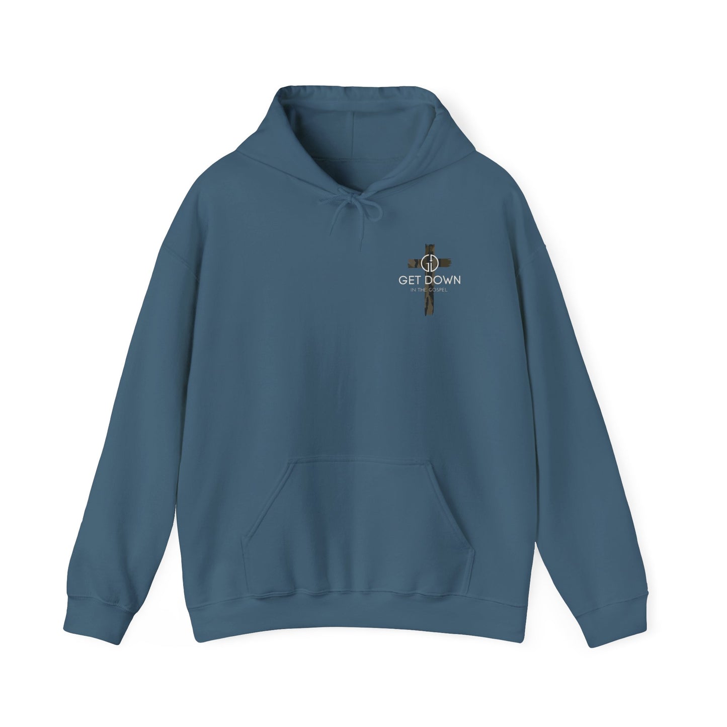 GET DOWN IN THE GOSPEL ADULT HOODIE GREEN CAMO CROSS
