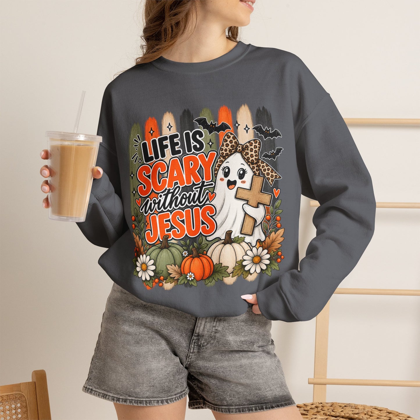 GILDAN - Christian Halloween Sweatshirt — "Life Is Scary Without Jesus" Fall Crewneck