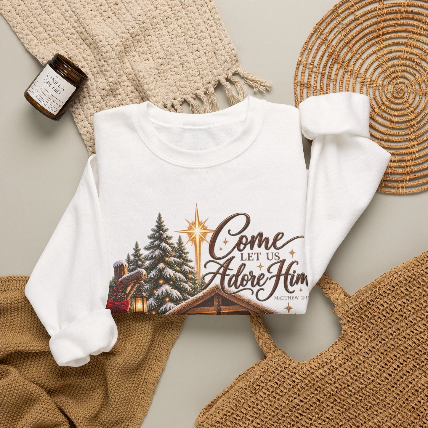 GILDAN - Crewneck Sweatshirt - 'Come Let Us Adore Him' Nativity Christmas Sweatshirt