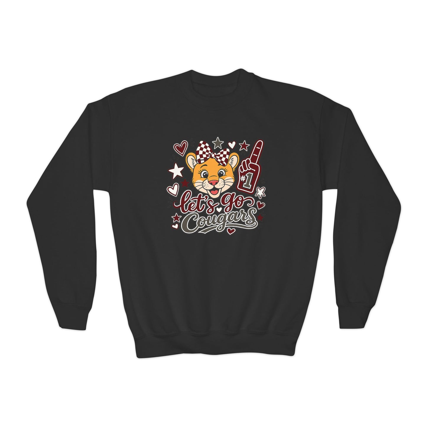 GILDAN - Youth Crewneck Sweatshirt — Cheerleader Tiger Mascot "Let's Go Cougars"