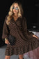 Chicory Coffee Polka Dot Long Sleeve Wrap V Neck Ruffle Hem Mini Dress