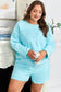 Aruba Blue Plus Size Solid Color Splicing Raw Hem Pullover Top Shorts Set