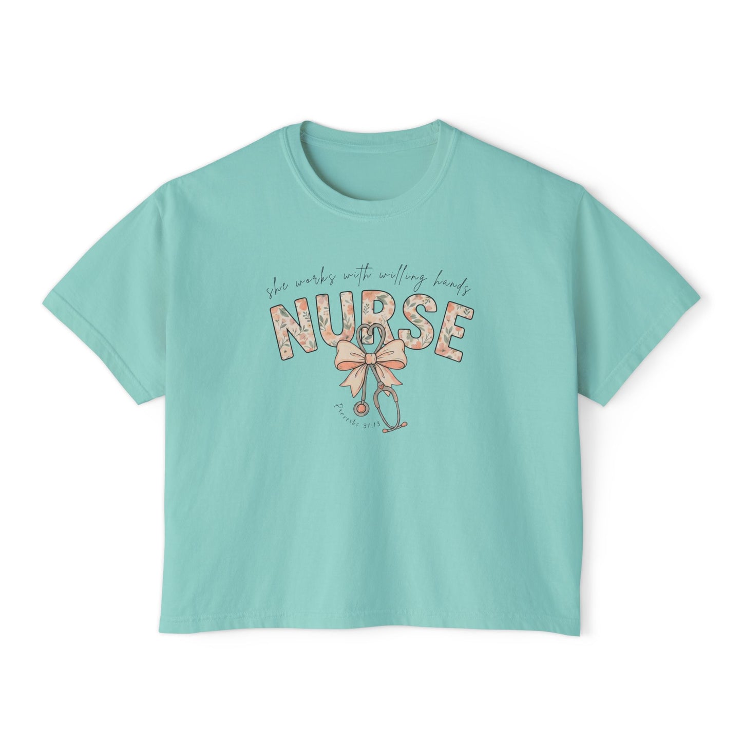 COMFORT COLOR - Nurse Boxy Tee — Floral Stethoscope Graphic for Women, "Nurse" Gift
