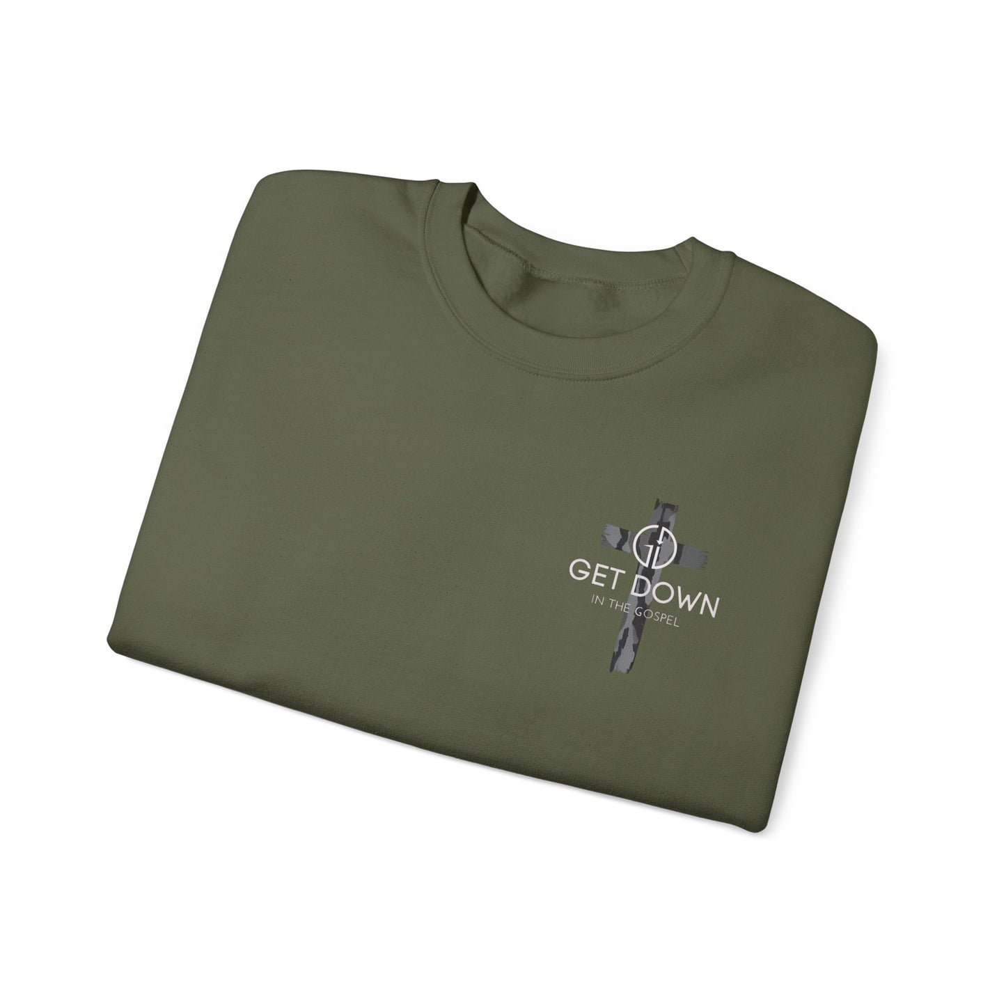 GILDAN - GET DOWN IN THE GOSPEL ADULT SWEATSHIRT GRAY CAMO CROSS