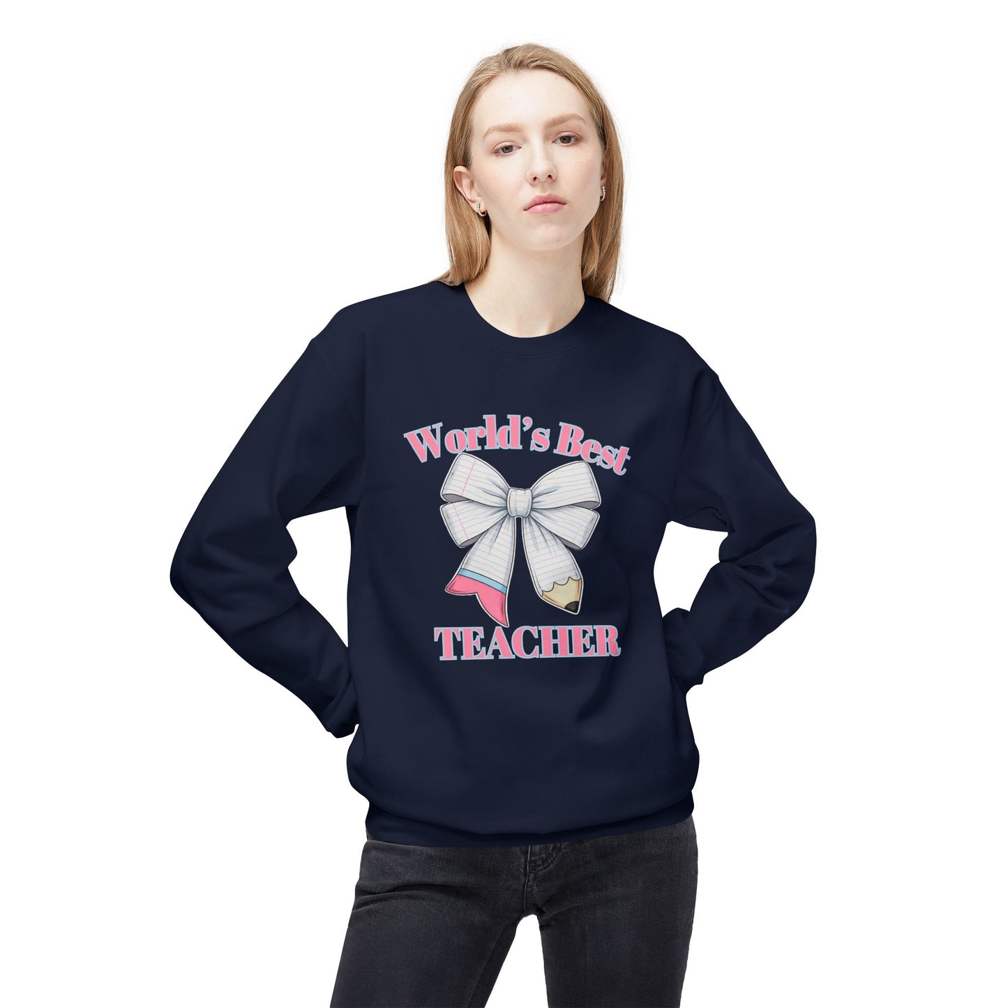 GILDAN -World’s Best Teacher Crewneck Sweatshirt — Bow & Pencil Teacher Gift