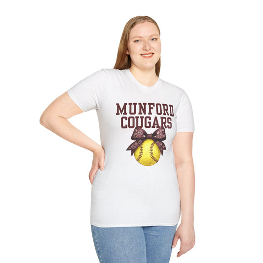 Munford Cougars Softball T-Shirt — Yellow Ball with Bow Team Tee