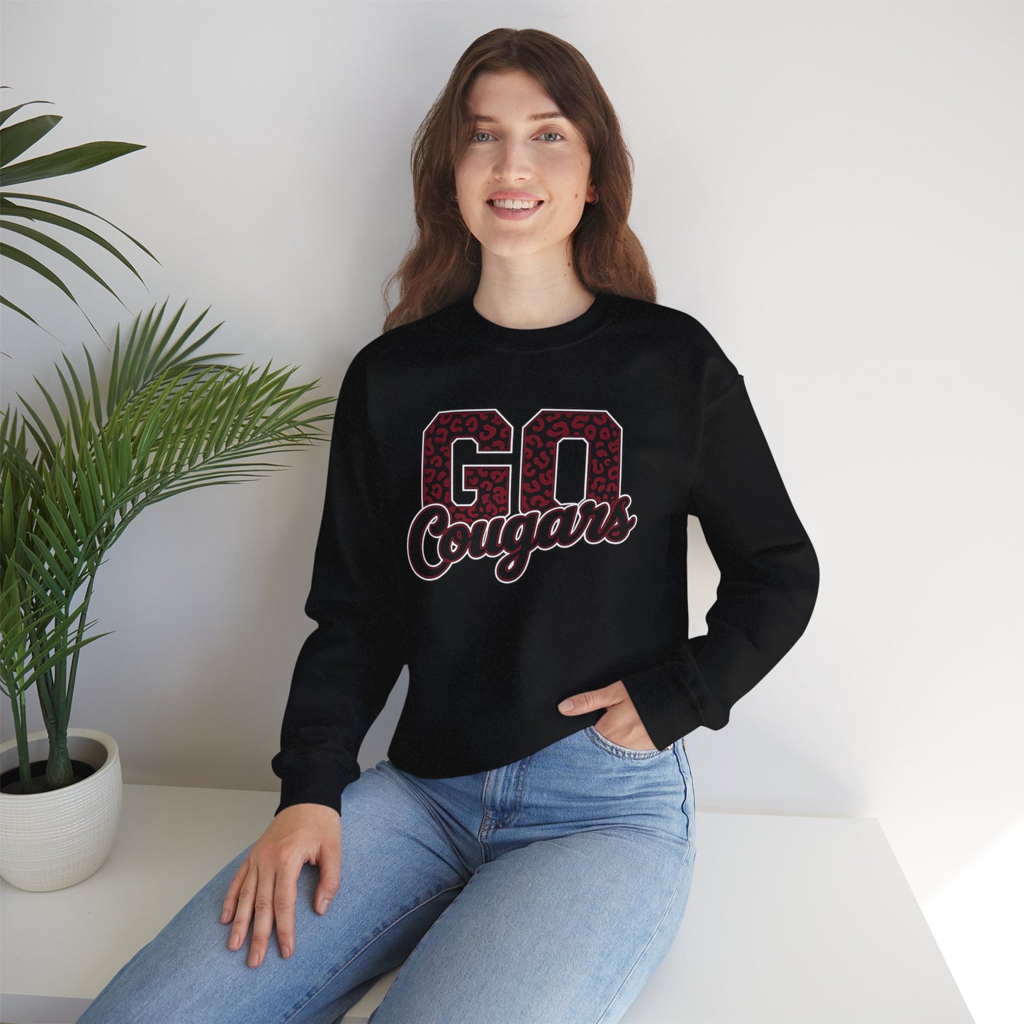 Crewneck Sweatshirt — "Go Cougars" Leopard Varsity School Spirit