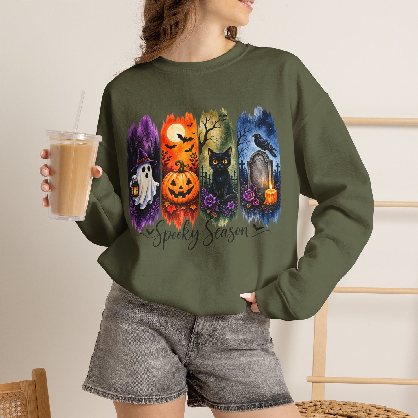 GILDAN - Spooky Season Halloween Crewneck Sweatshirt — Ghost, Jack-O'-Lantern & Black Cat Design