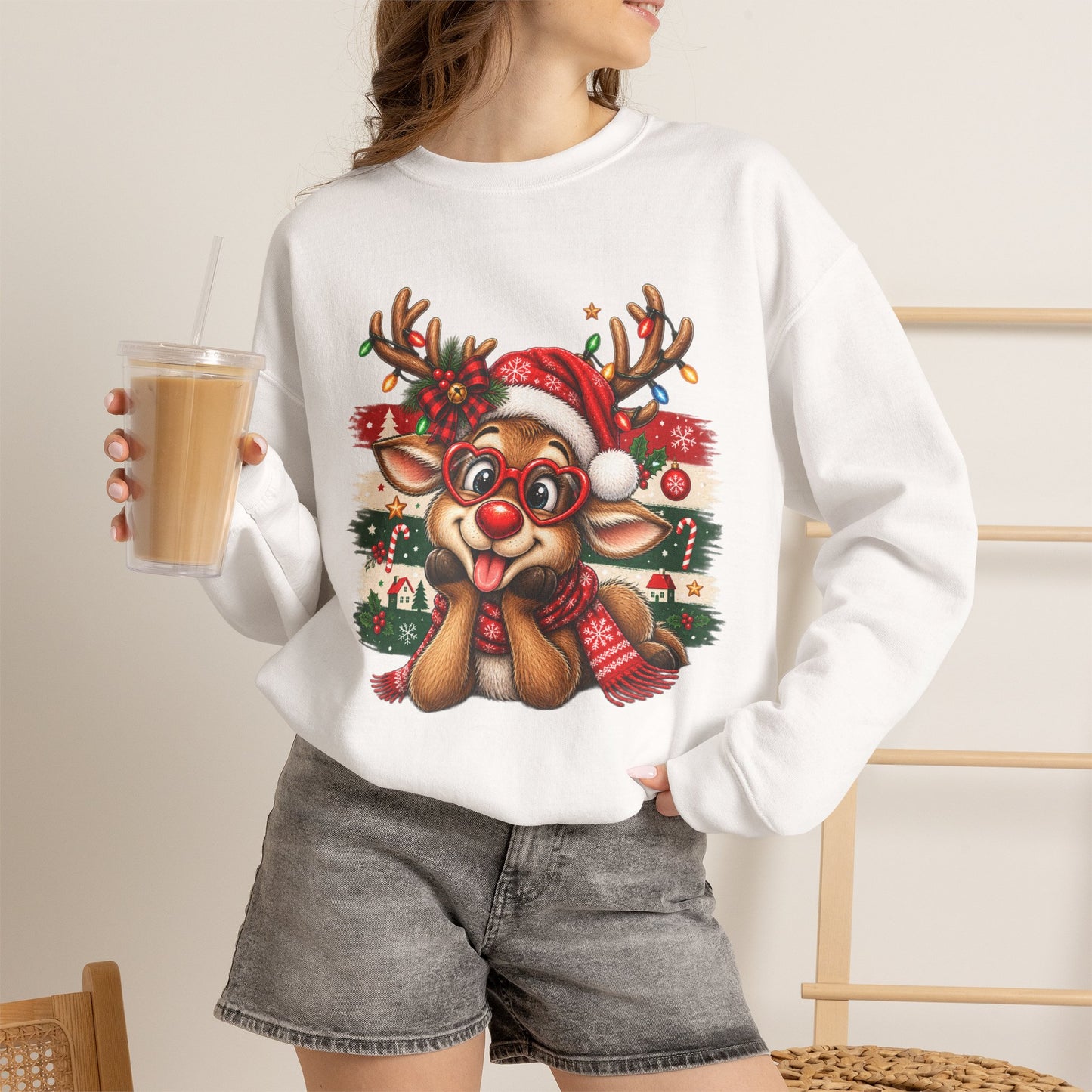 GILDAN - Cute Christmas Reindeer Crewneck Sweatshirt
