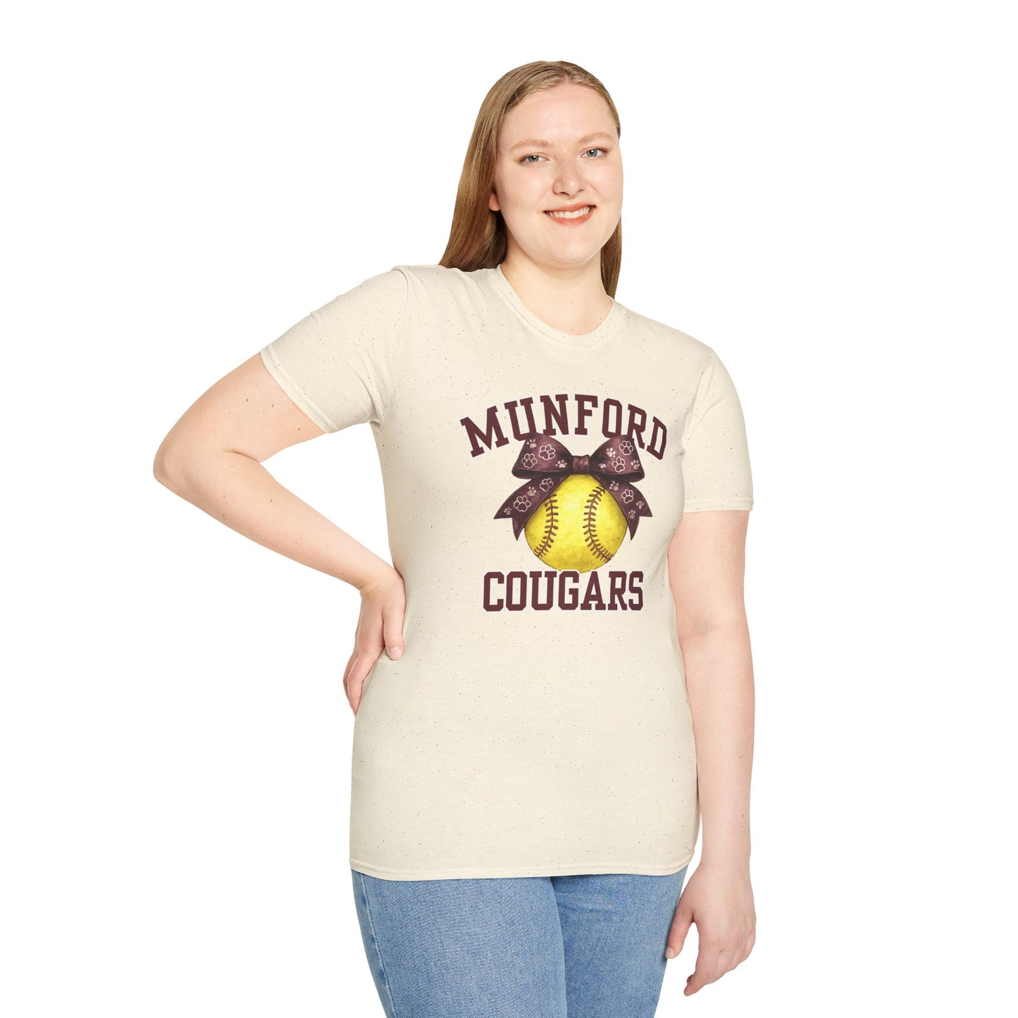 Munford Cougars Softball T-Shirt — Yellow Ball & Bow Team Tee
