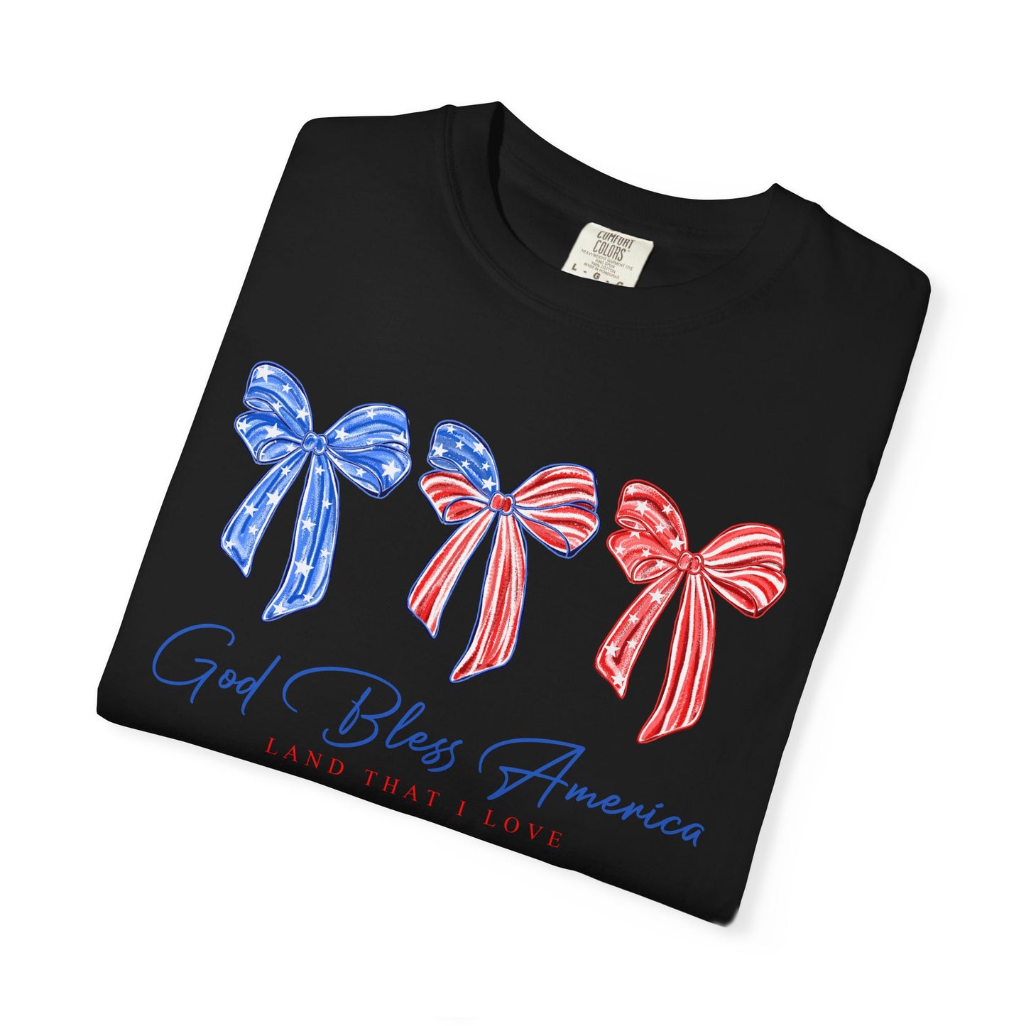 God Bless America Patriotic T-Shirt — Red, White & Blue Bow Design