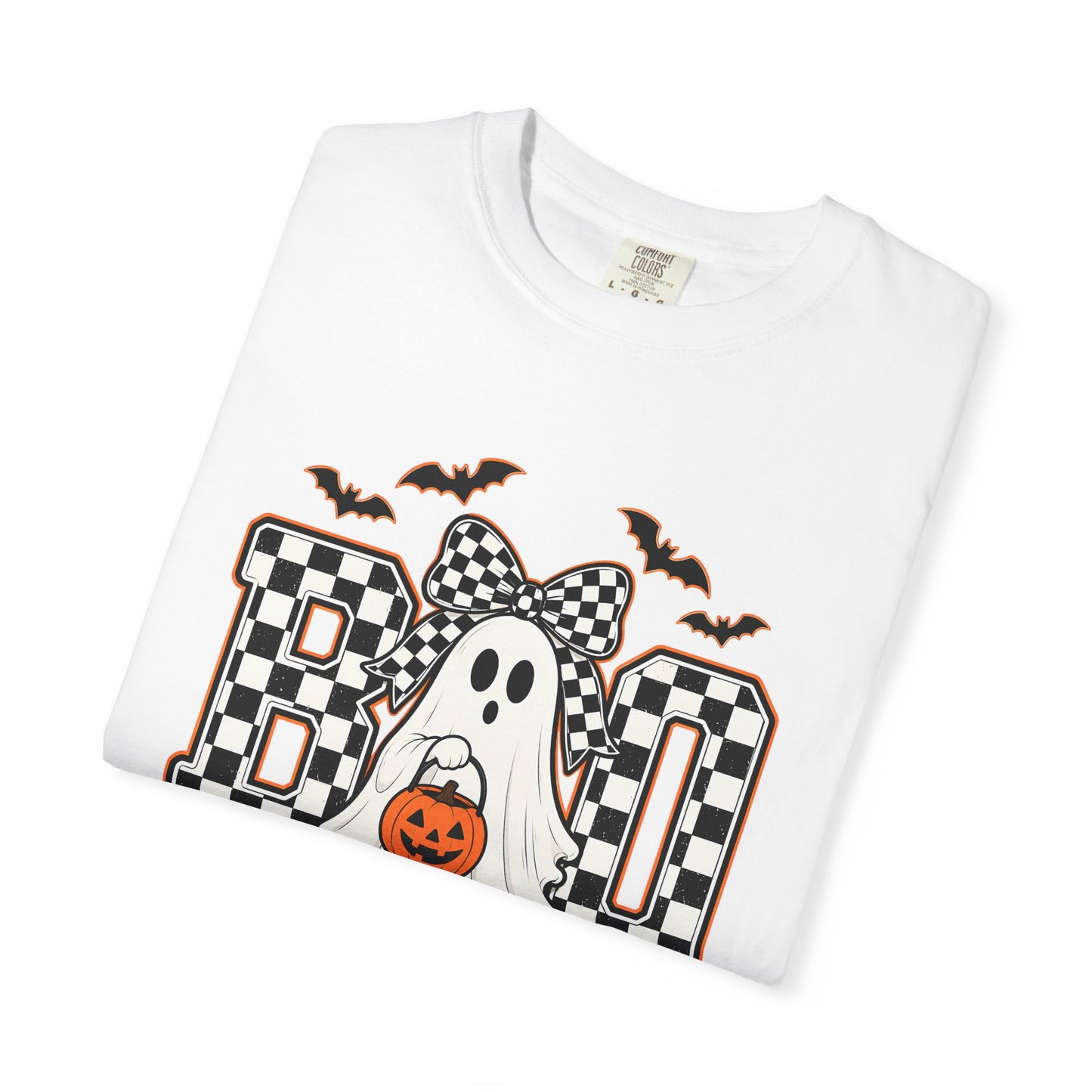 COMFORT COLORS - Boo Ghost Halloween T-Shirt — Checkered Pumpkin Trick-or-Treat Tee