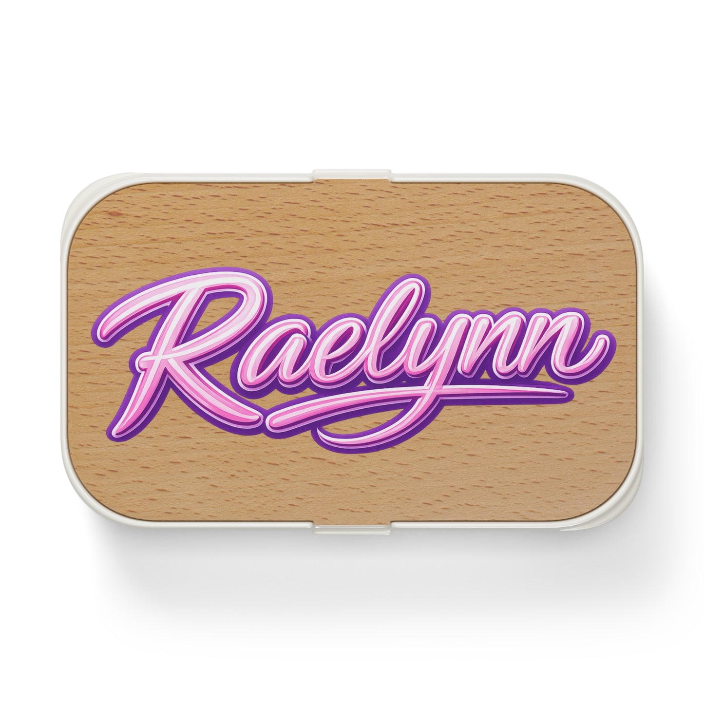 *** MESSAGE ME FOR PERSONALIZATION *** Personalized Bento Lunch Box — 'Raelynn' Pink Script Name on Wood Grain
