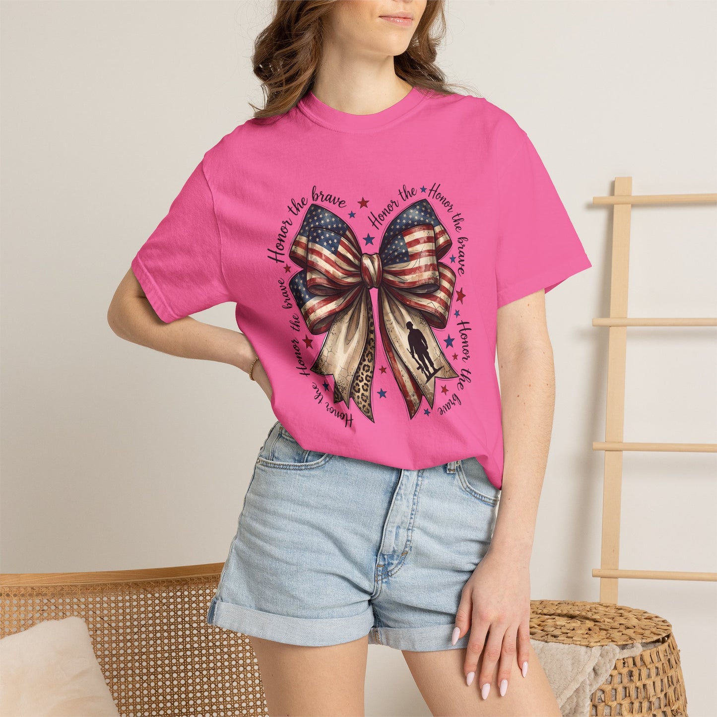 COMFORT COLORS - Patriotic American Flag Bow T-Shirt — "Home of the Brave" Fourth of July Tee