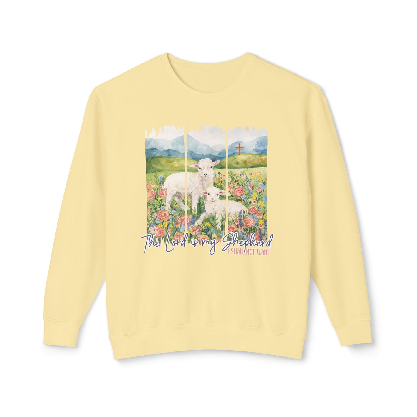 COMFORT COLORS - Shepherd Lamb Crewneck Sweatshirt — "Thou Wilt Keep Him in Perfect Peace" Floral Lamb Design