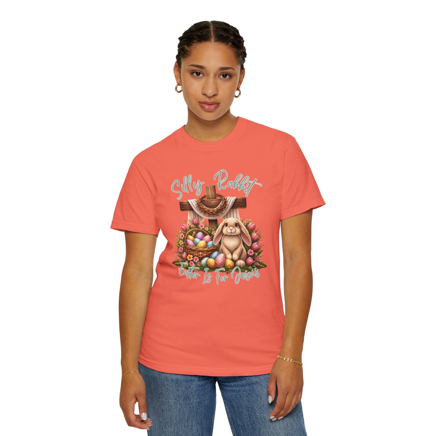 COMFORT COLORS -  Silly Rabbit Easter Bunny T-shirt | Pastel Eggs, Basket, Cross Back Print