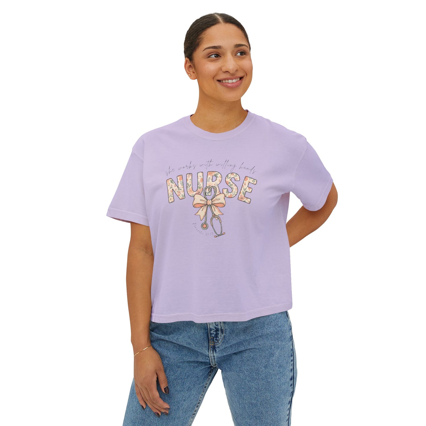 COMFORT COLOR - Nurse Boxy Tee — Floral Stethoscope Graphic for Women, "Nurse" Gift